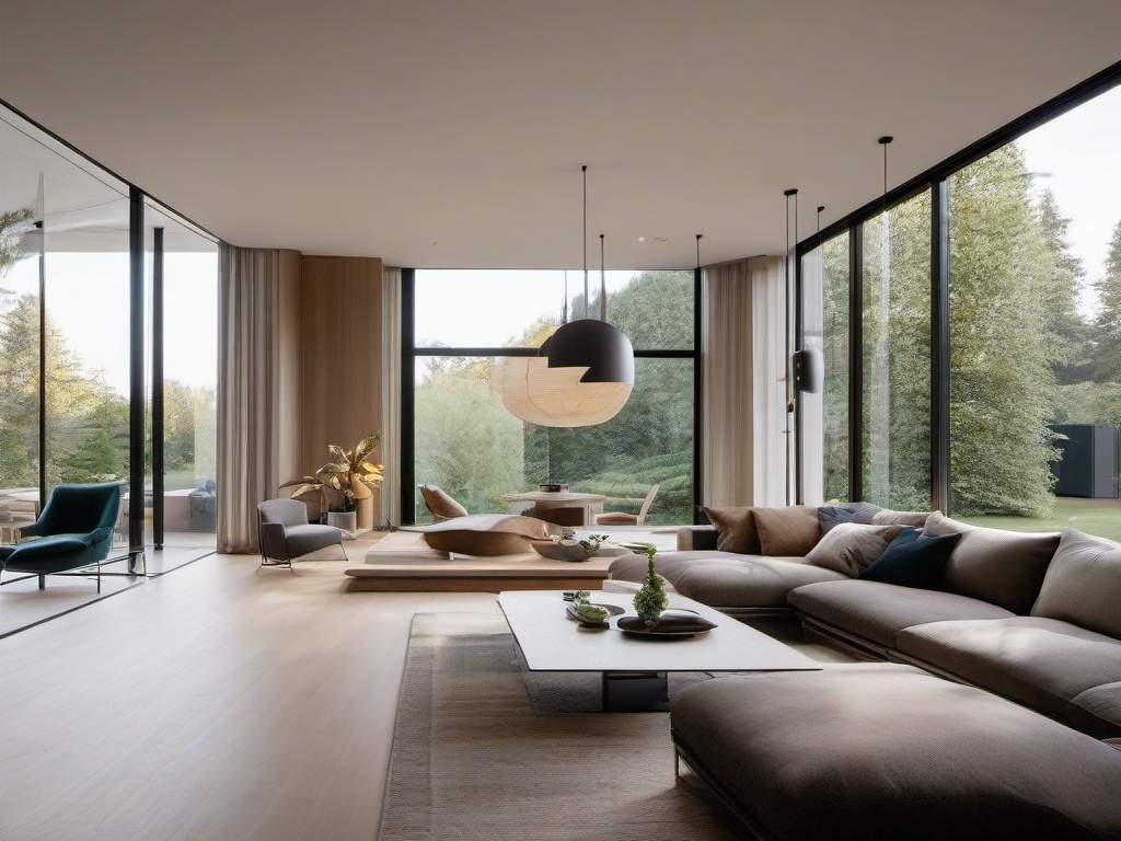 Modern living room features simple, comfortable furniture, neutral colors, and large windows that invite natural light into the space.  