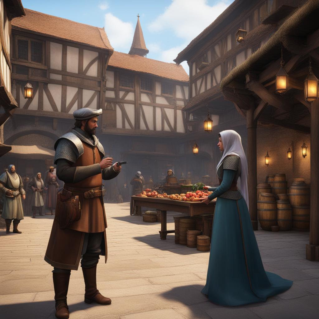 holo negotiates a trade deal with a shrewd merchant in a medieval market square. 