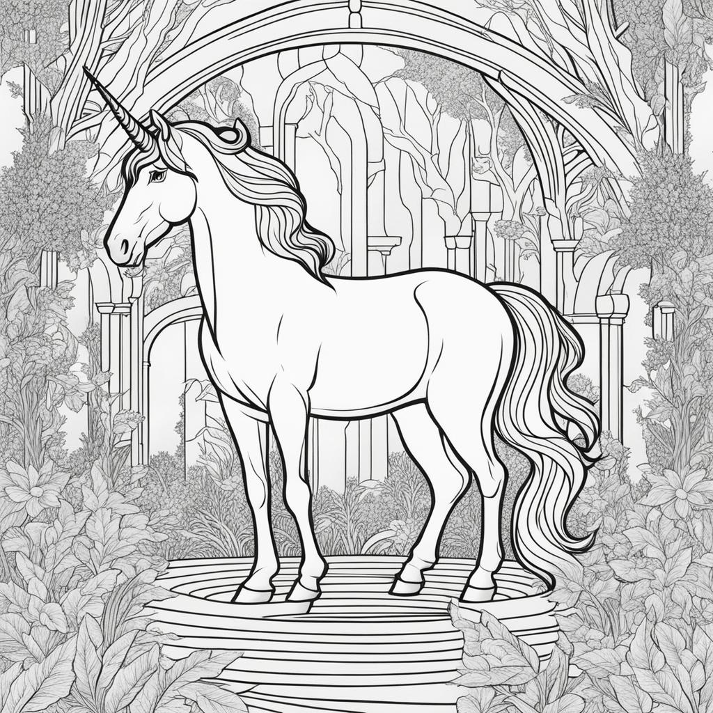 unicorn coloring pages - inquisitive unicorn exploring the depths of a mystical, overgrown labyrinth filled with secrets. 