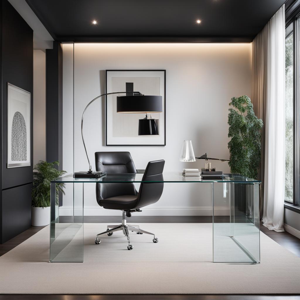 contemporary home office with a glass desk and minimalist design. 