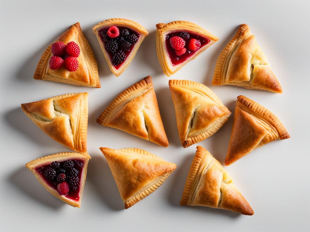 an assortment of fruit-filled turnovers, with flaky pastry and a variety of fruity fillings. 