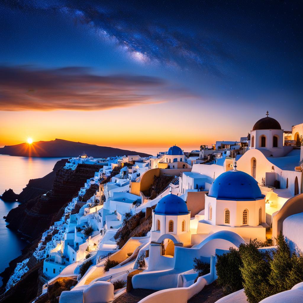 santorini, greece - paint the iconic blue-domed churches and white buildings of santorini against the backdrop of a starry night. 