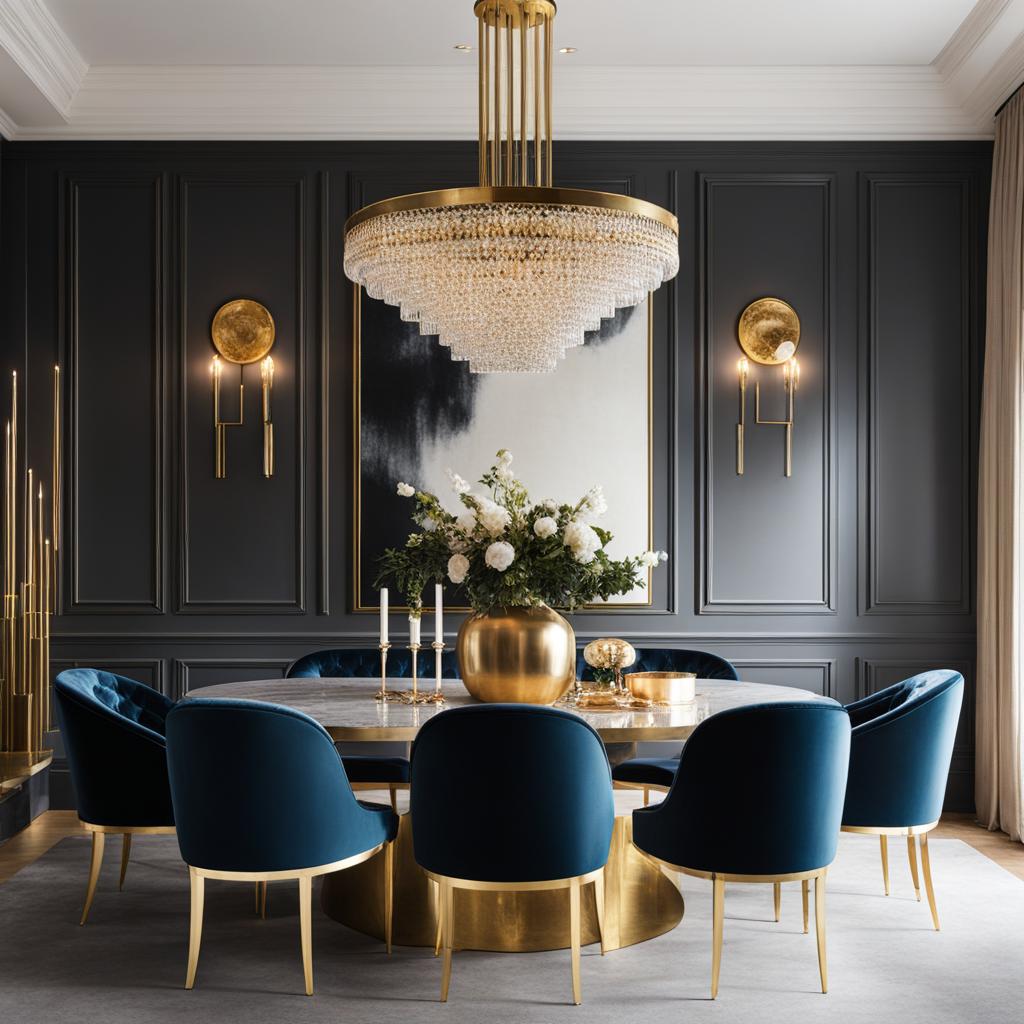 chic and luxurious dining room with velvet dining chairs and gold accents. 