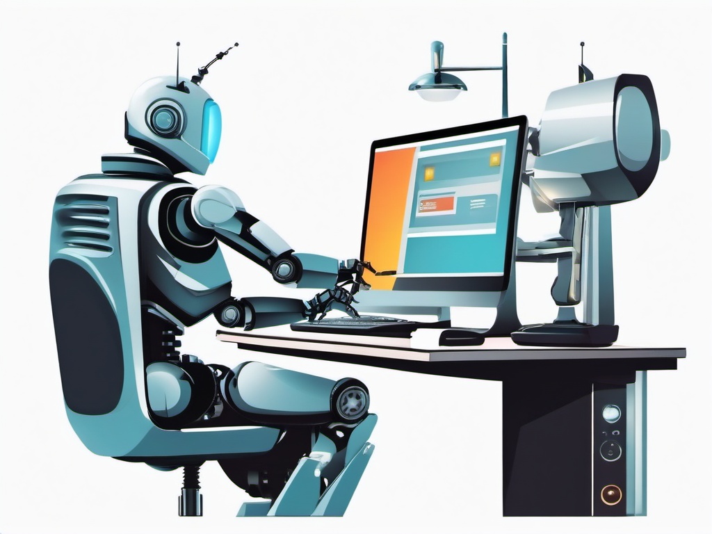 Robot working at a computer clipart.  vector style illustration, white background