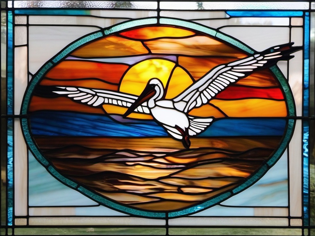 Stained Glass Pelican - Pelican gliding over water  