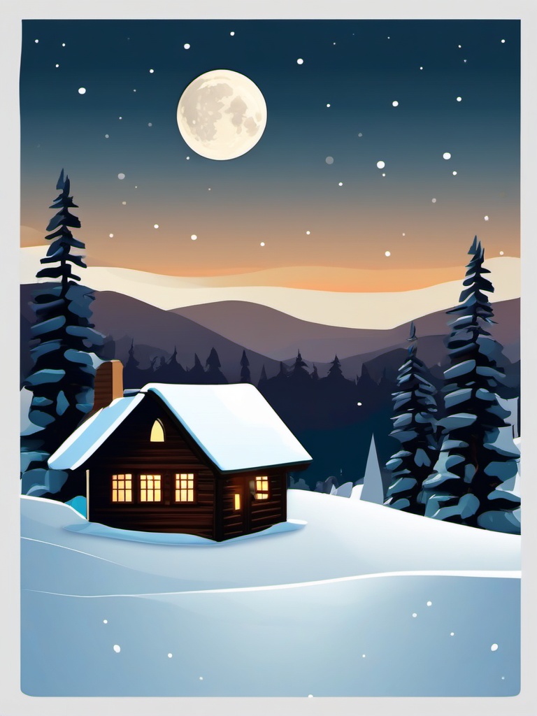 Moonlit snowy cabin sticker- Cozy and tranquil, , sticker vector art, minimalist design