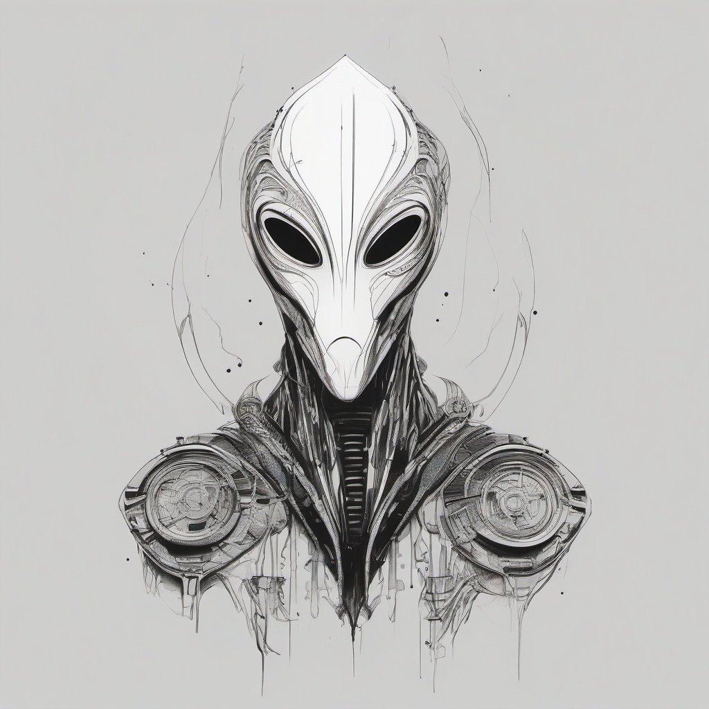 drawing of a mysterious alien  minimal rough sketch scribbles,doodles,black and white