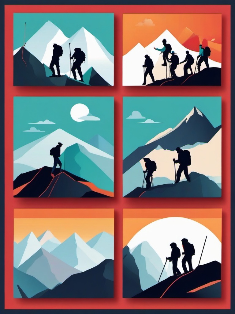 Mountain Climbing Summit Clipart - Climbers conquering a mountain summit.  color vector clipart, minimal style