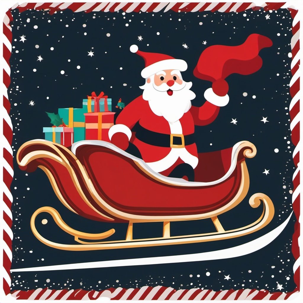 Santa in a sleigh clipart, Santa Claus merrily riding in his sleigh with presents.  simple, 2d flat