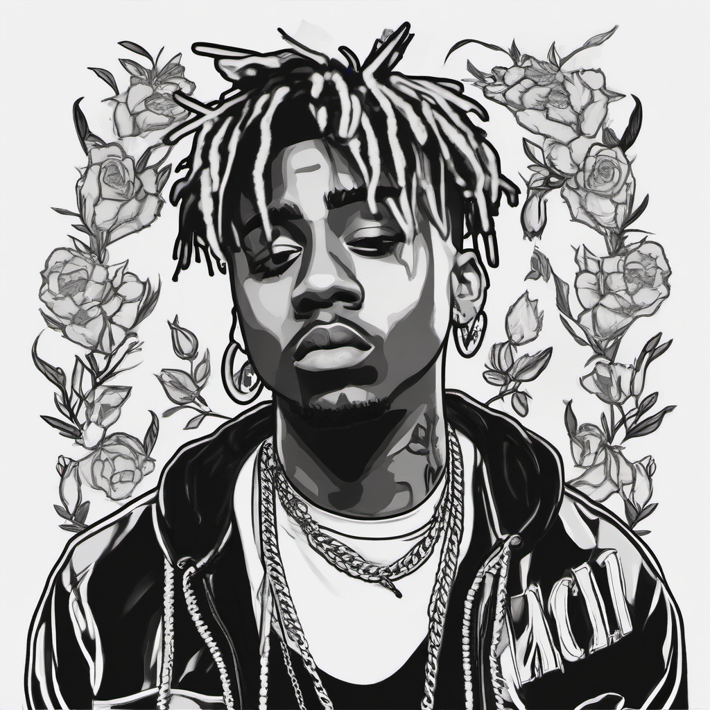 drawing of Juice Wrld with his signature tattoos  minimal rough sketch scribbles,doodles,black and white