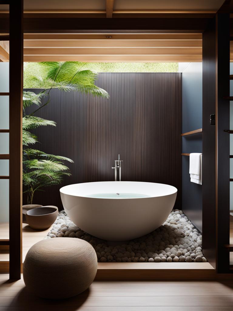 serene bathroom with a japanese soaking tub and zen-inspired decor. 