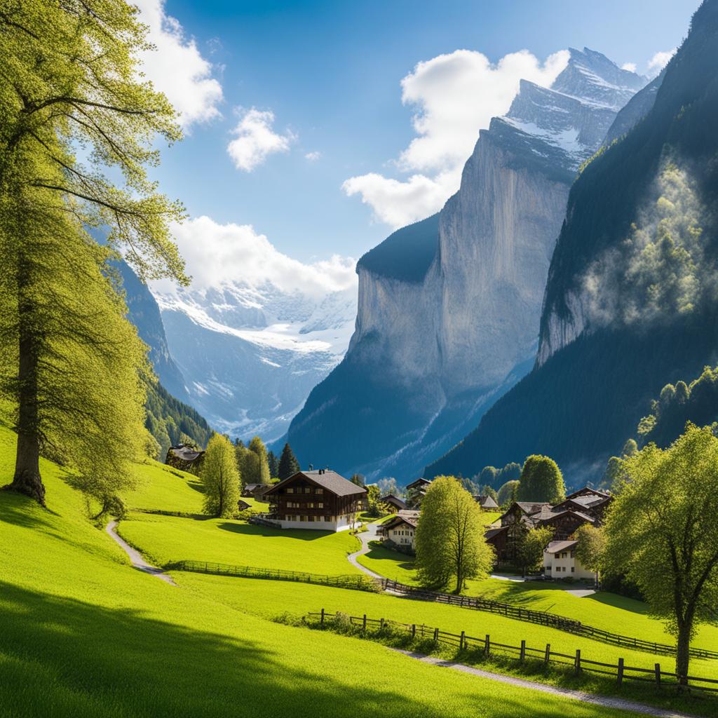 hidden lauterbrunnen valley - create an artwork that captures the hidden beauty of lauterbrunnen valley, with its cascading waterfalls and lush alpine meadows. 