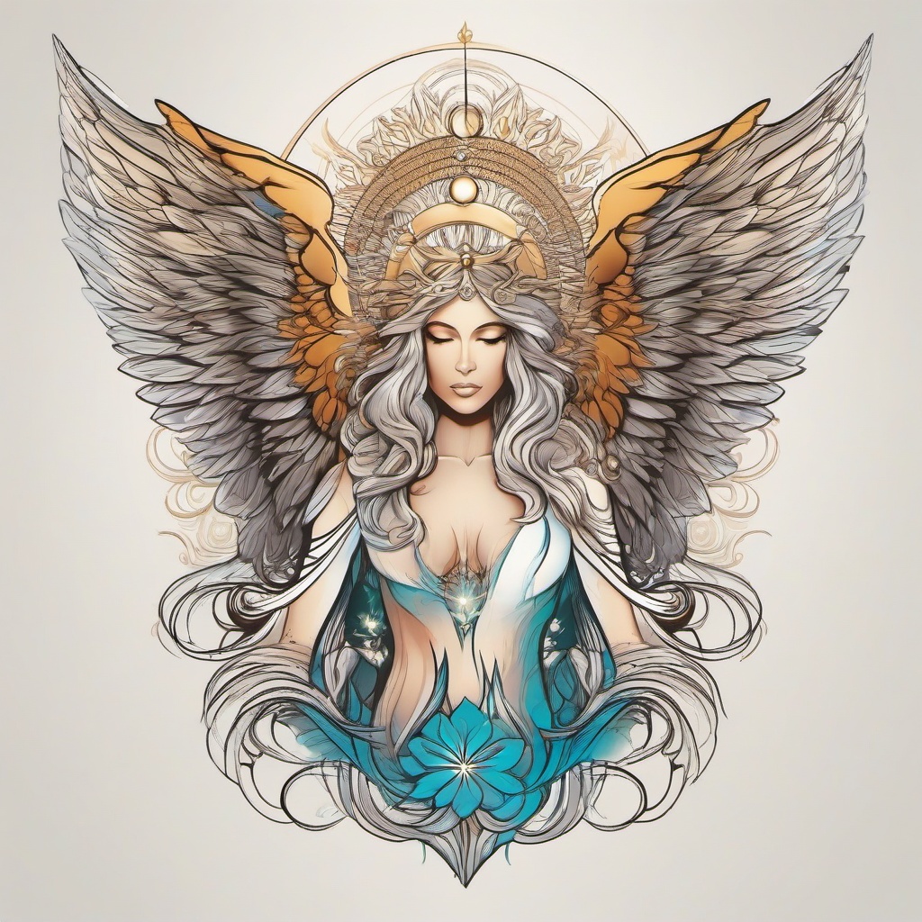 Angel Ta-Embarking on a spiritual journey with an angelic touch in the form of a tattoo, expressing a connection to higher realms.  simple vector color tattoo