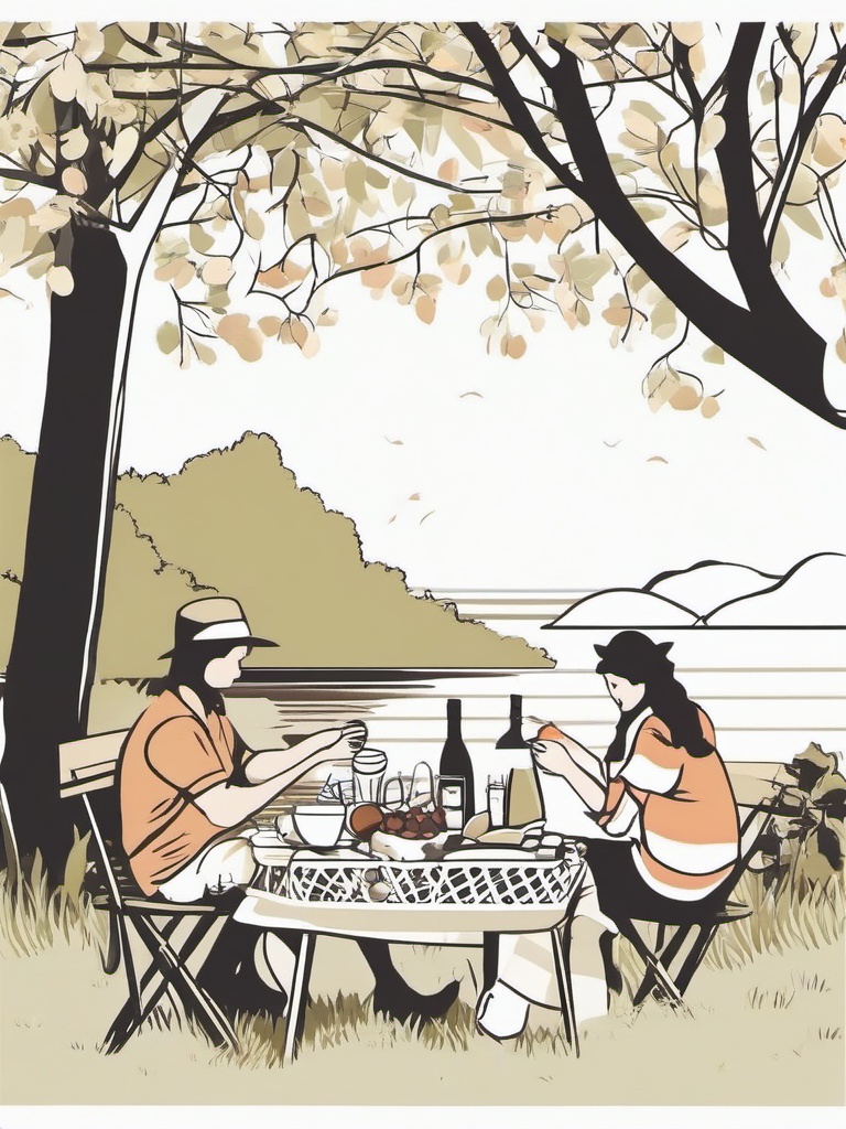 Picnic Setup clipart - Setting up a lakeside picnic with a basket., ,vector color clipart,minimal