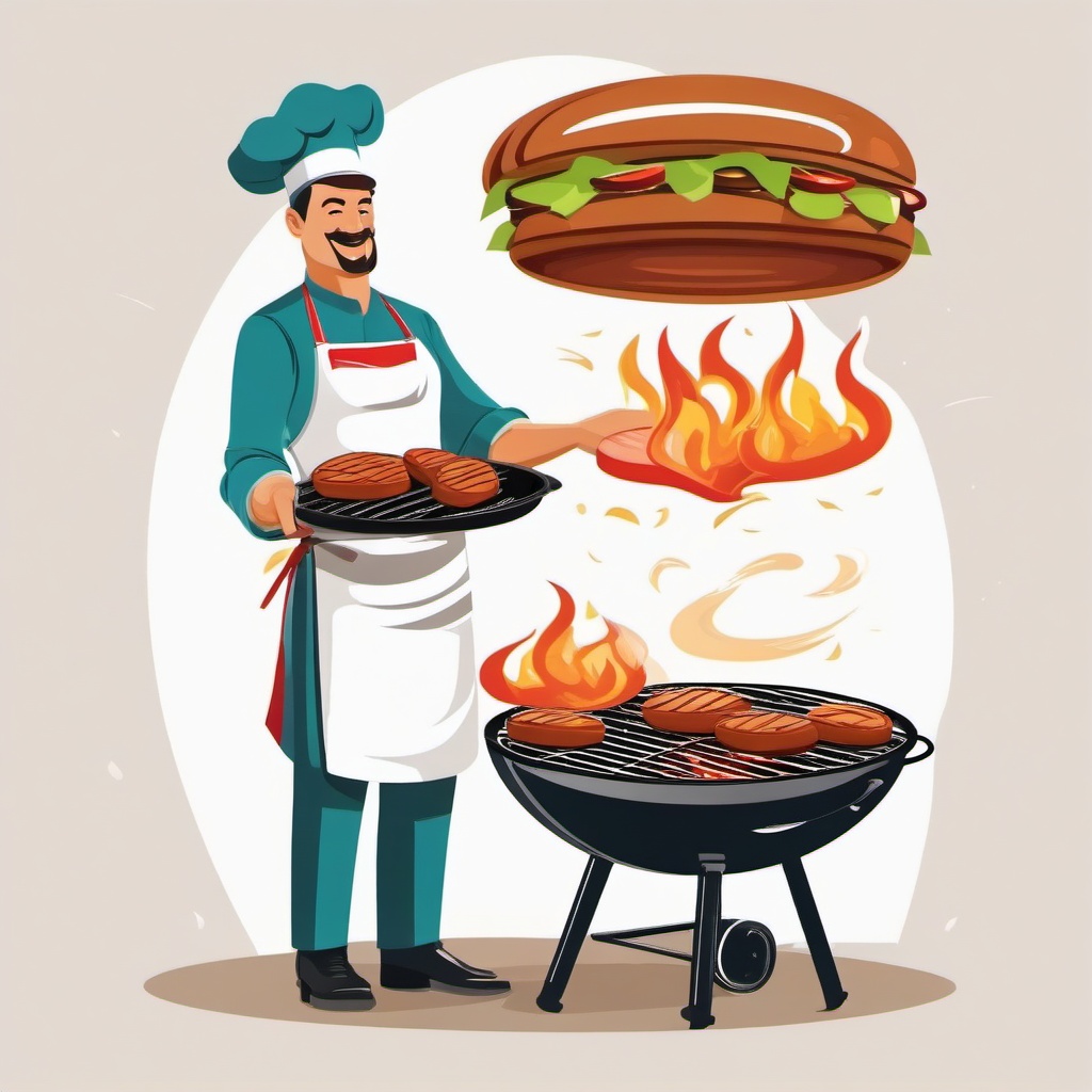 BBQ chef flipping burgers clipart.  vector style illustration, white background