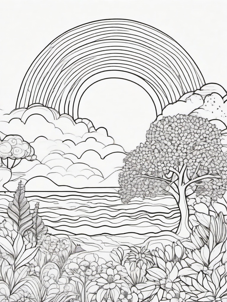 Rainbow Coloring Page - Whimsical rainbow in a fantasy world.  easy,simple,minimal,coloring pages,black and white outline