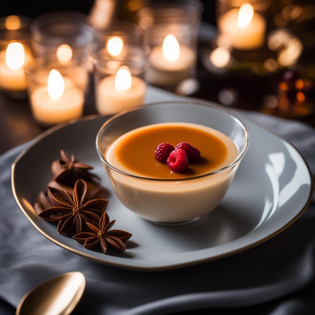 chai-spiced panna cotta, a fragrant italian dessert, indulged at an intimate dinner by candlelight. 