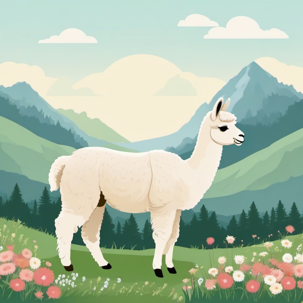 Cute Alpaca in a Mountain Meadow  clipart, simple