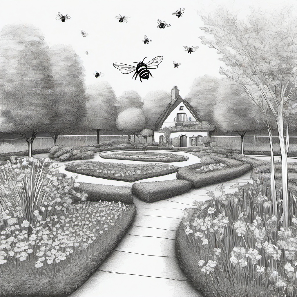 drawing of a bee garden layout  minimal rough sketch scribbles,doodles,black and white