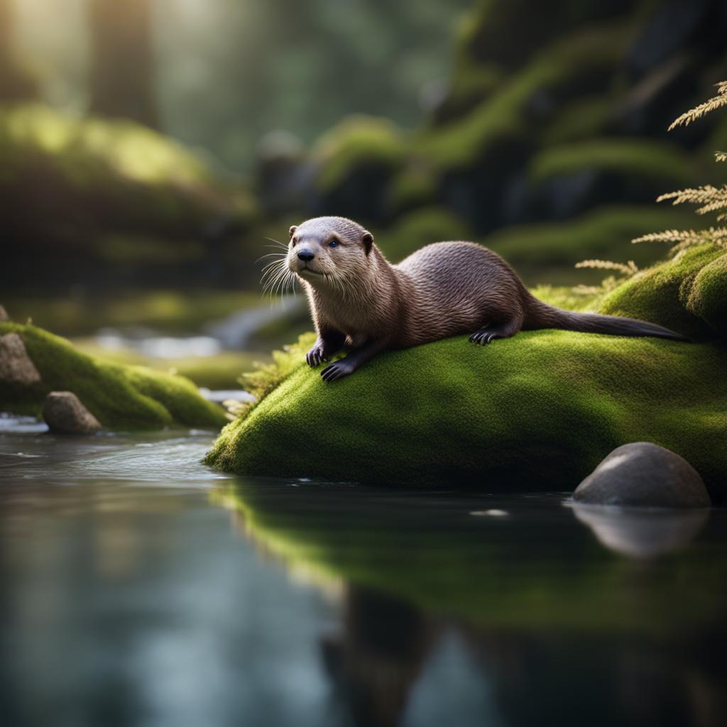 otter sliding down a mossy riverbank into crystal-clear water 8k ultrarealistic cinematic 