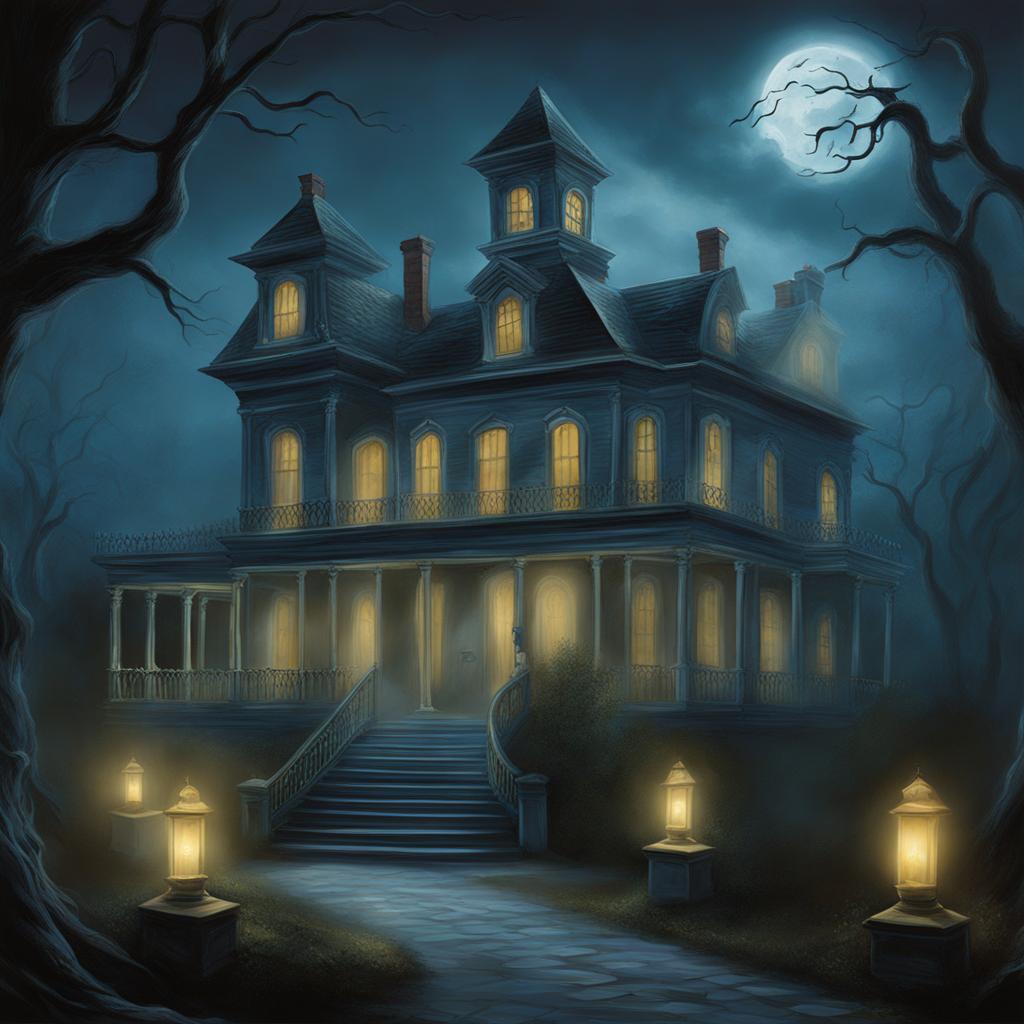 ghostly haunted mansion - paint a haunted mansion with ghostly apparitions floating through the halls, setting a spooky atmosphere. 