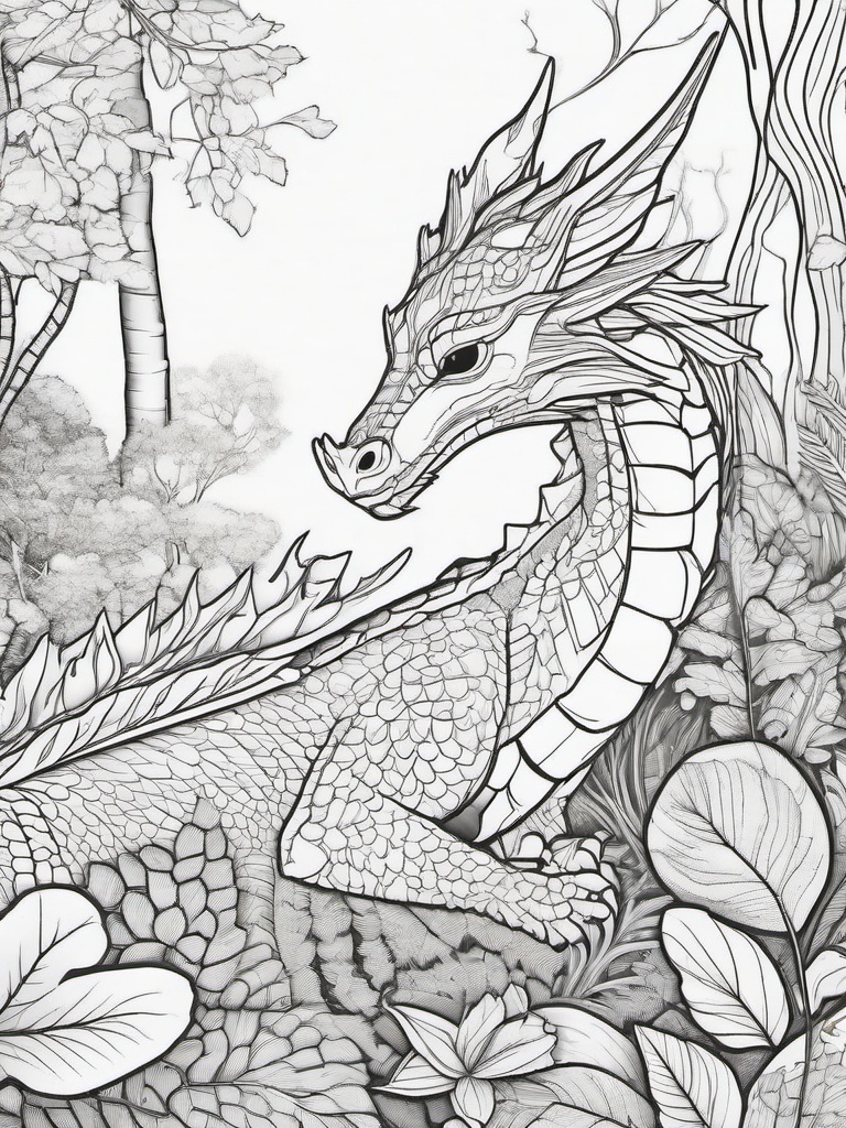 Mystical Forest Dragon Coloring Pages - Enchanted Dragon Hiding in the Woods  minimal black outline printable sheet, coloring page