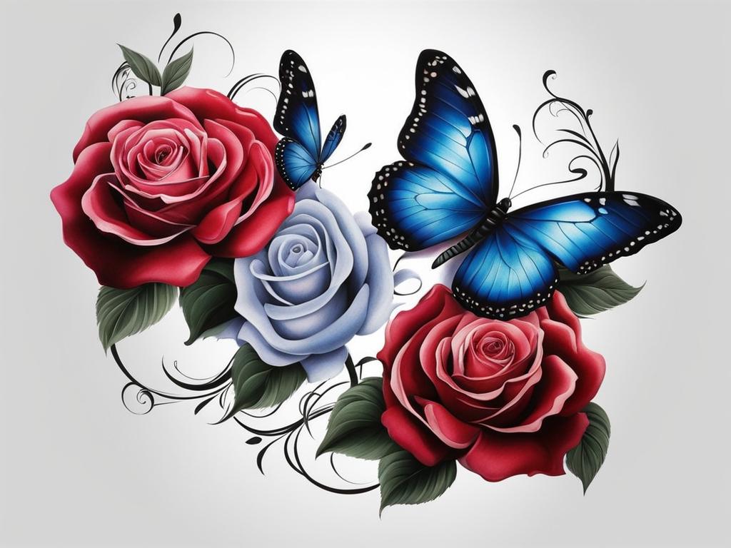 Butterfly with a rose tattoo, Elegant tattoos featuring butterflies alongside roses. , color tattoo design, clean white background