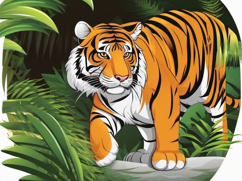 Tiger Cartoon - Cartoon of tiger prowling in jungle  