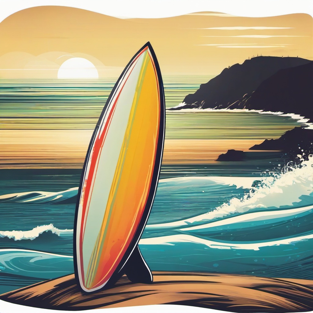 Surfboard clipart - surfboard with ocean backdrop  vector clipart