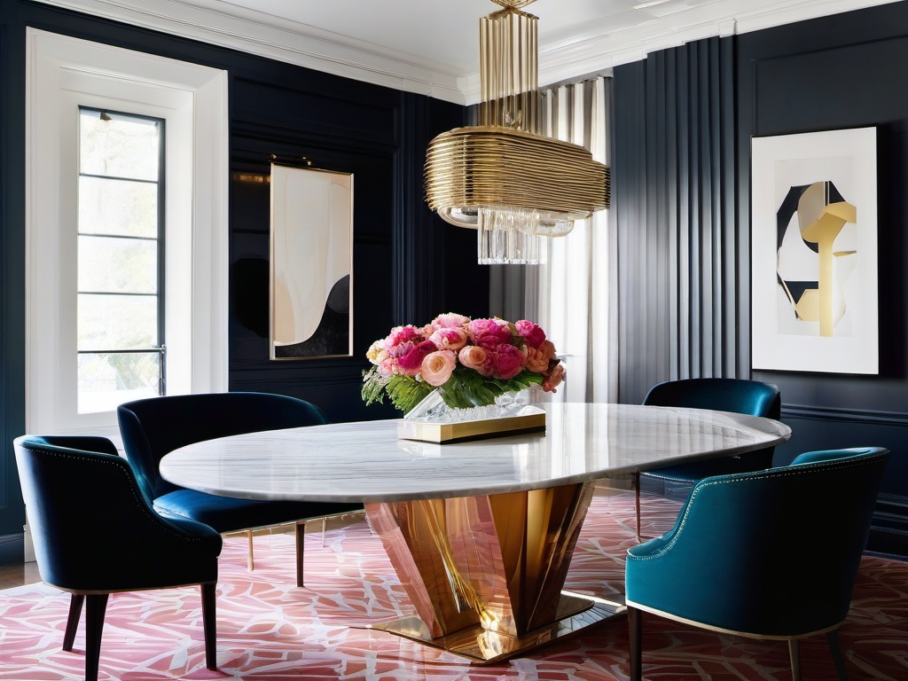 Art deco dining room with Jonathan Adler geometric wallpaper, a Restoration Hardware marble dining table, and Kartell sculptural lighting.  