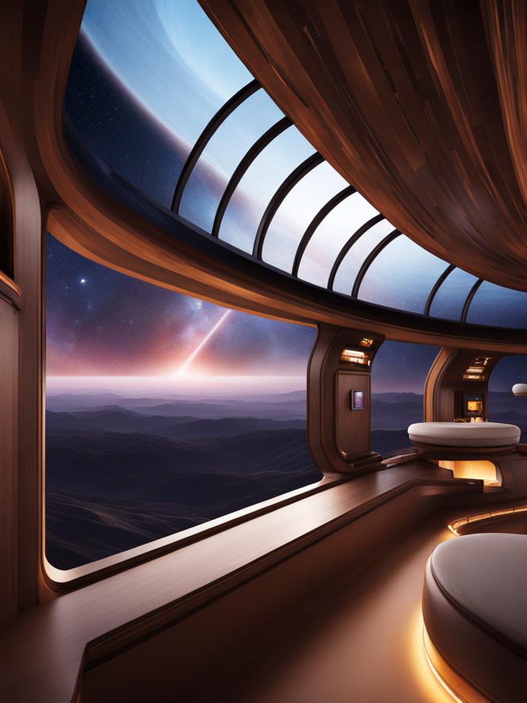 stay at the galactic resort, a space station with windows overlooking distant galaxies. 