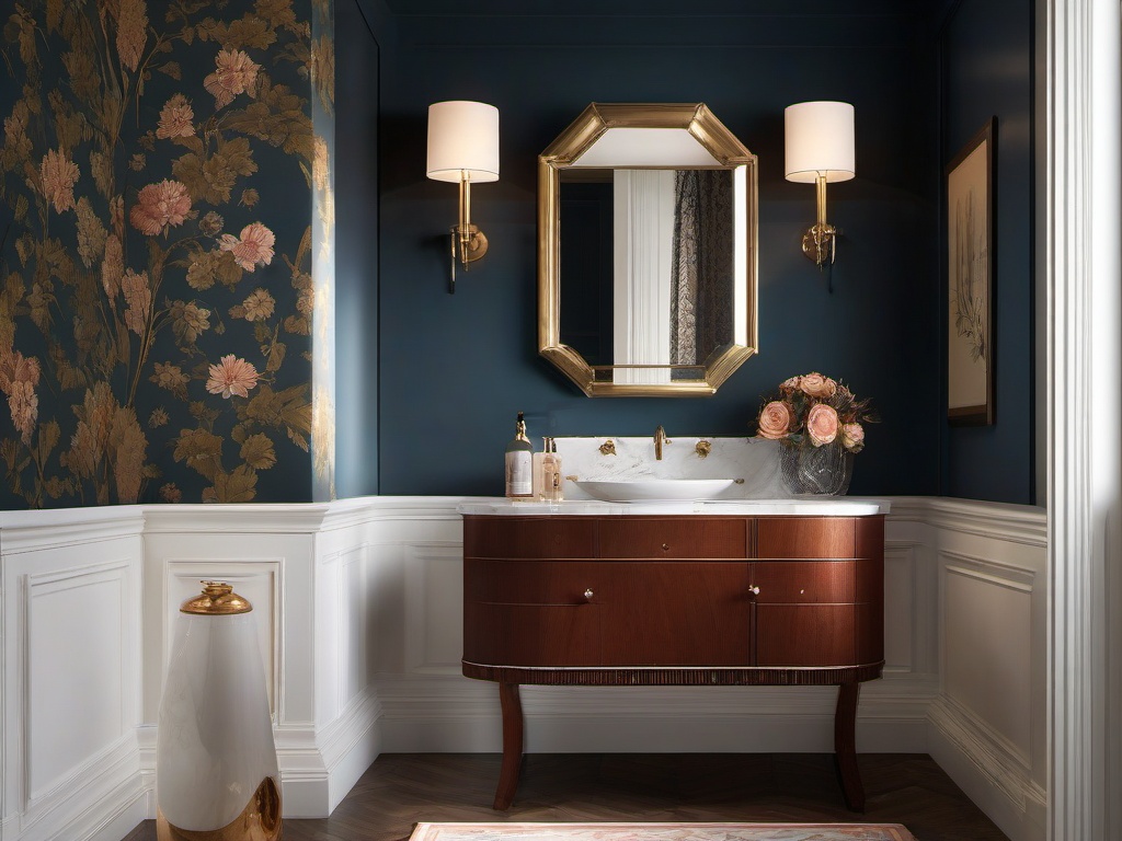 In the powder room, traditional interior design includes classic fixtures, rich decor, and warm colors that transform a small space into a charming and stylish experience.  