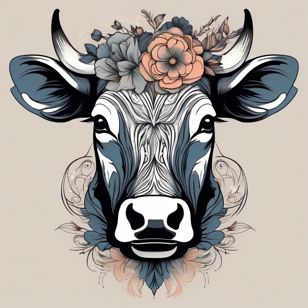 Abstract floral cow portrait design: Natural elegance, blending artistry.  simple color tattoo style