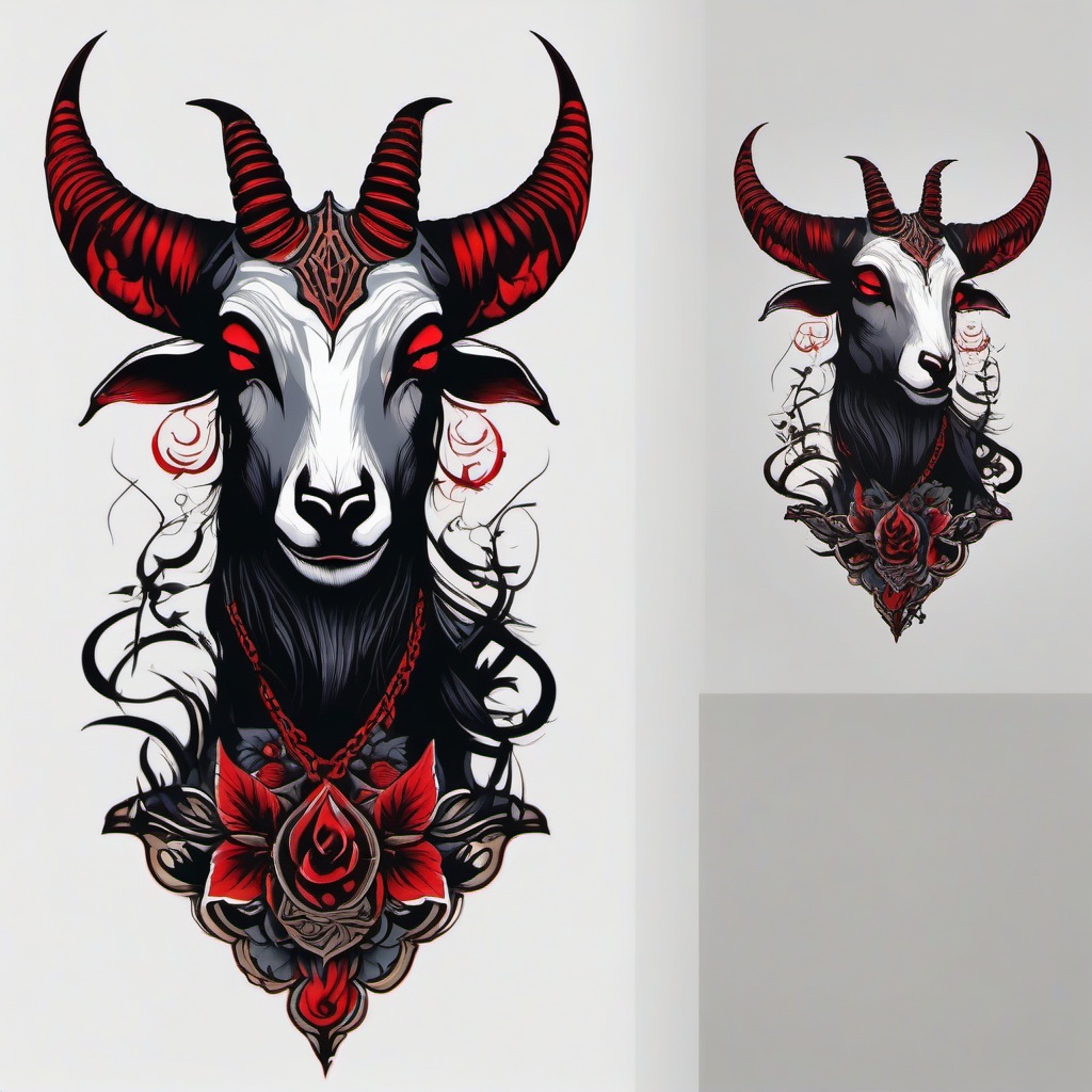 Devil Goat Tattoo-Bold and edgy tattoo featuring a devil goat, capturing themes of darkness and mystique.  simple color tattoo,white background