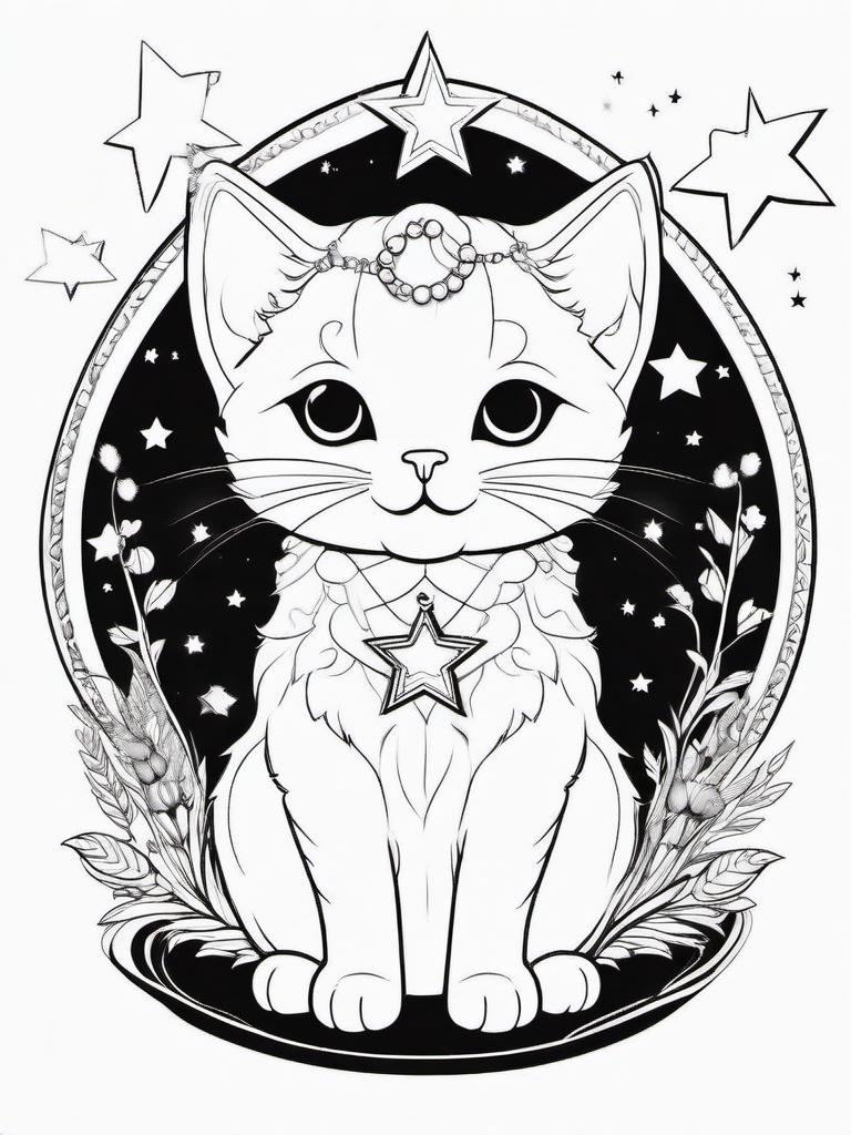 Kitty with a Magic Star Coloring Pages - Enchanted Kitten Holding a Magic Star  minimal black outline printable sheet, coloring page