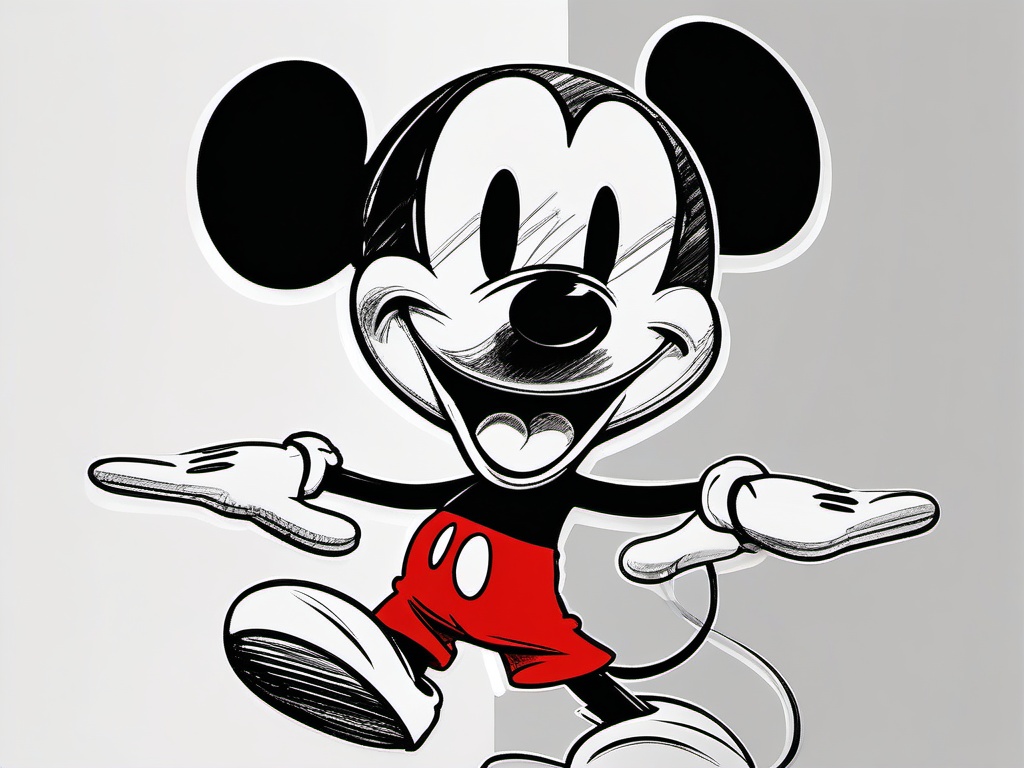 drawing of Mickey Mouse in his classic red shorts  minimal rough sketch scribbles,doodles,black and white