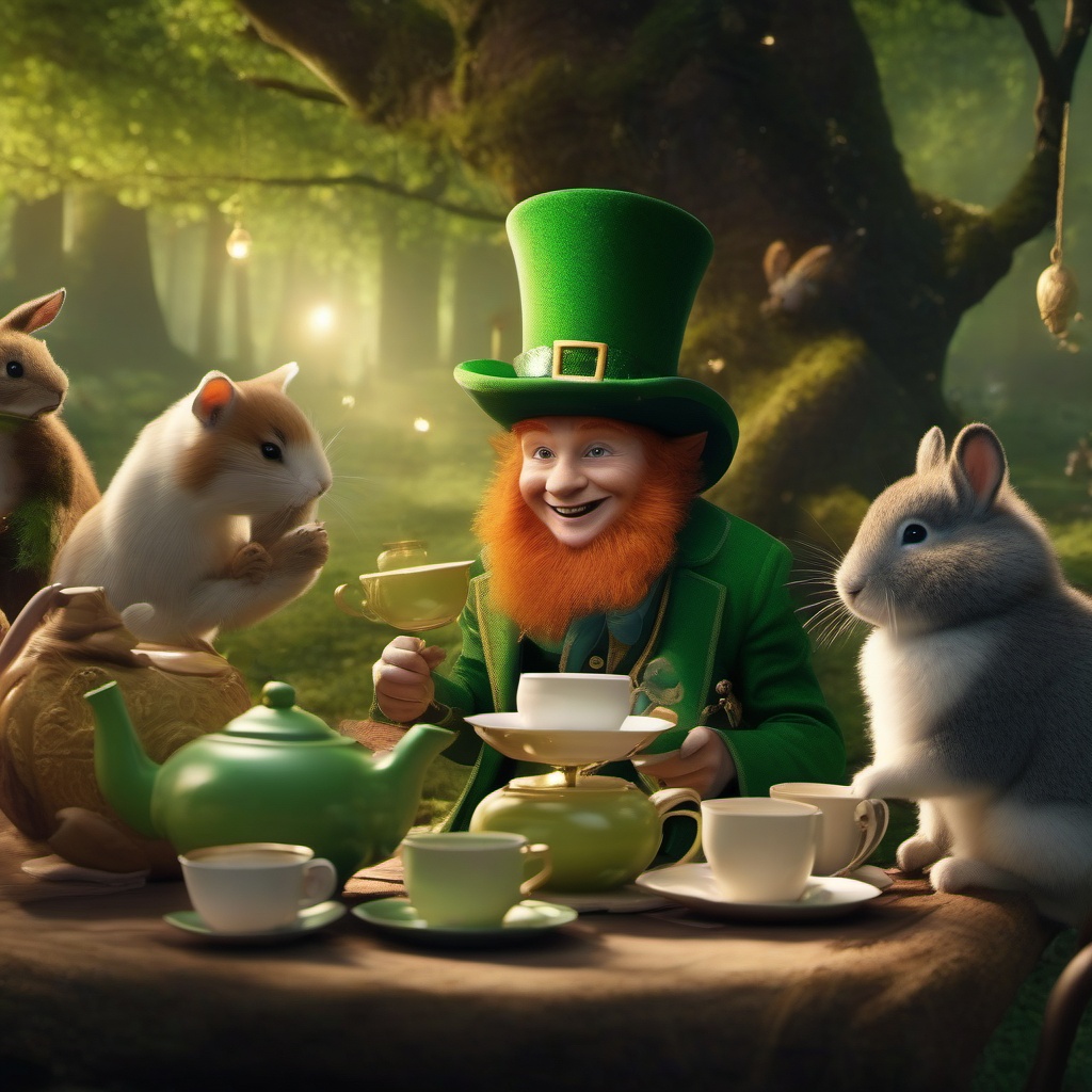 Mischievous leprechaun causes chaos during a tea party with talking animals in a magical forest.  8k, hyper realistic, cinematic