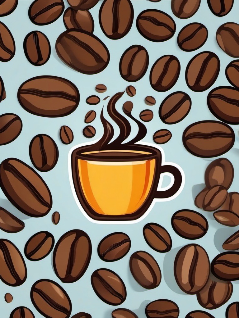 Coffee Beans Sticker - Scattered coffee beans surrounding a coffee cup, ,vector color sticker art,minimal