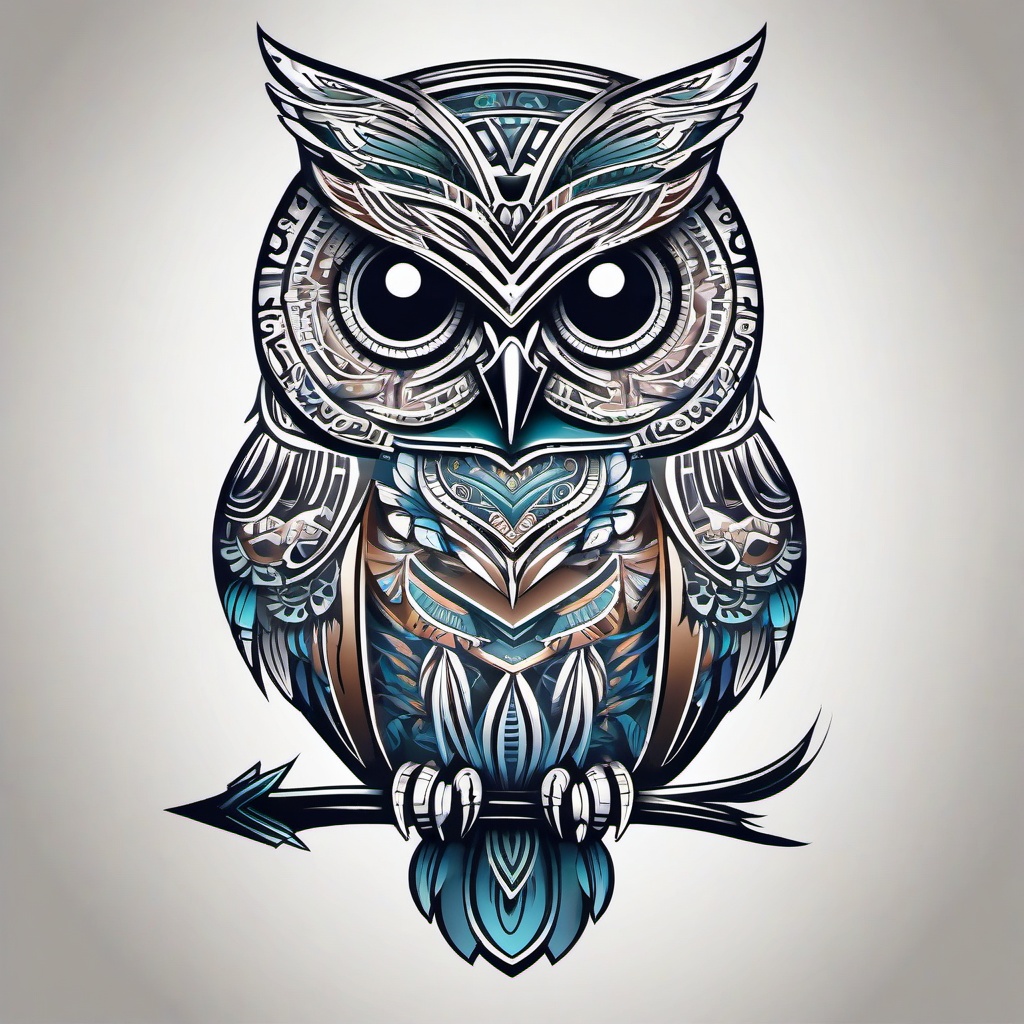 Aztec Owl Tattoo - Blend cultural richness with an Aztec-inspired owl tattoo design.  simple color tattoo,vector style,white background