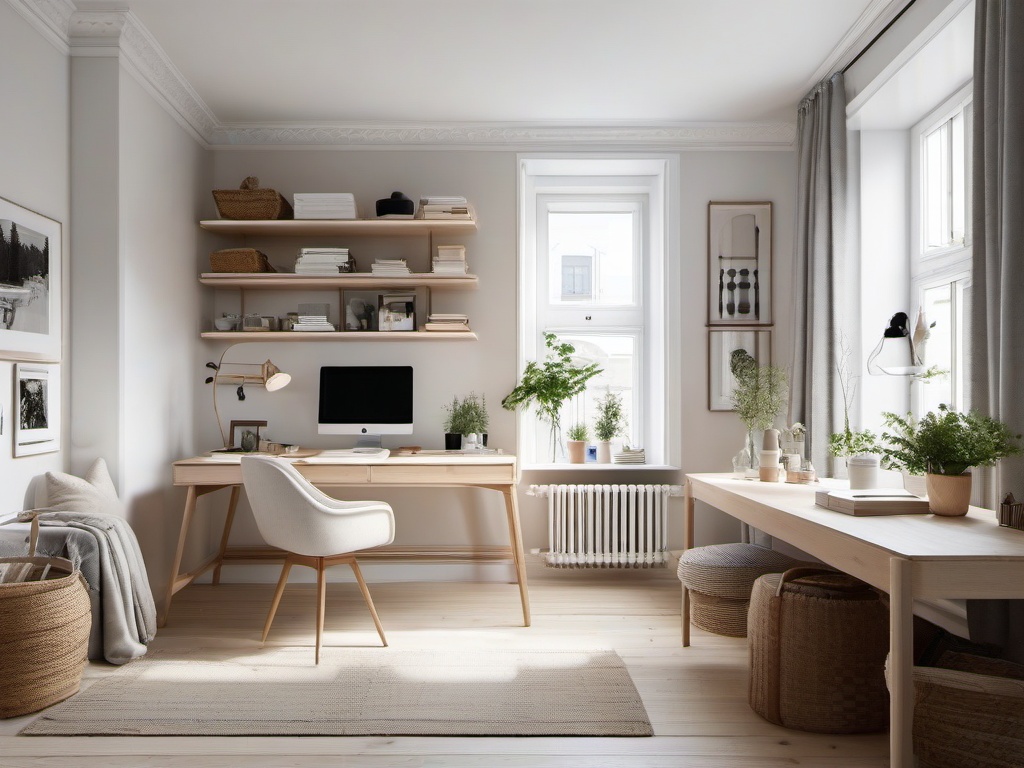 Scandinavian home office blends light wood furniture, bright white walls, and cozy textiles for a warm and inviting workspace.  