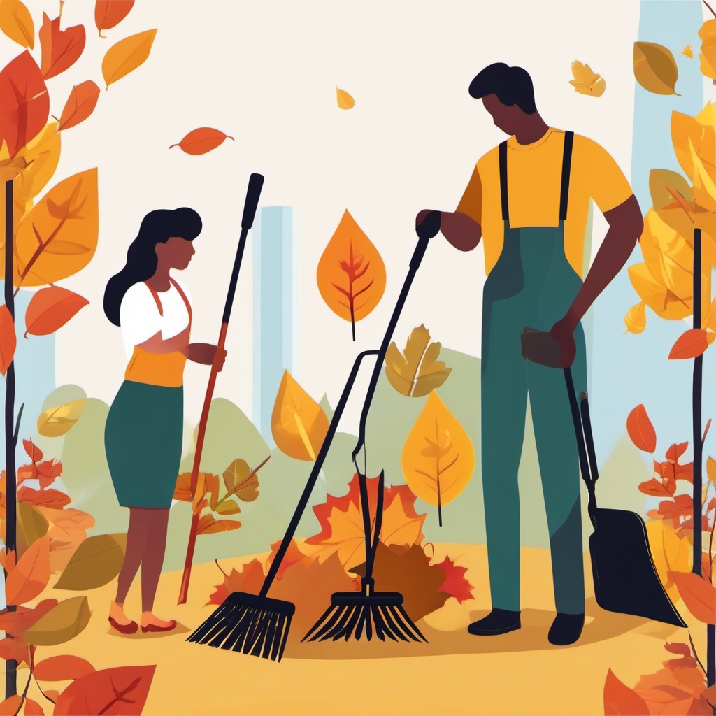 Raking Leaves Together clipart - Teamwork in yard work, ,vector color clipart,minimal