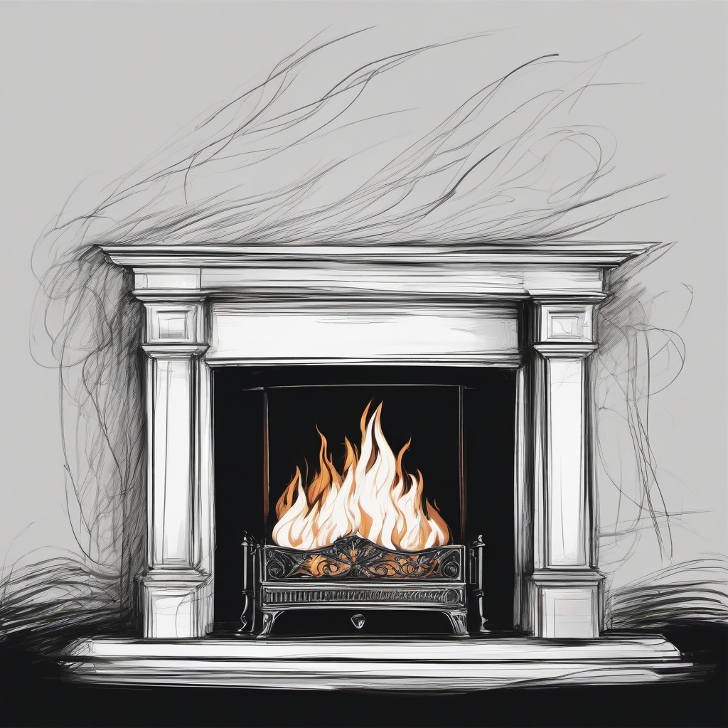 drawing of flames in a fireplace  minimal rough sketch scribbles,doodles,black and white