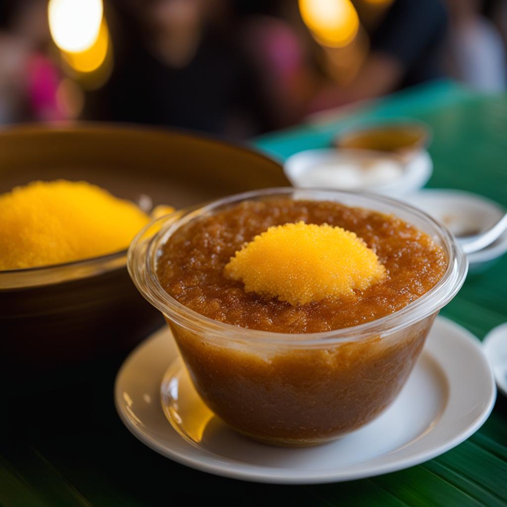 sago pudding with palm sugar, a southeast asian treat, relished at a vibrant night market in bangkok. 