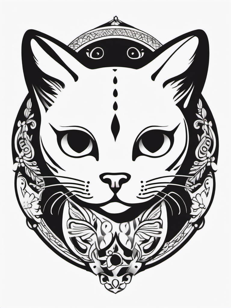 Belly Cat Tattoo - Tattoo located on the belly and featuring a cat design.  minimal color tattoo, white background