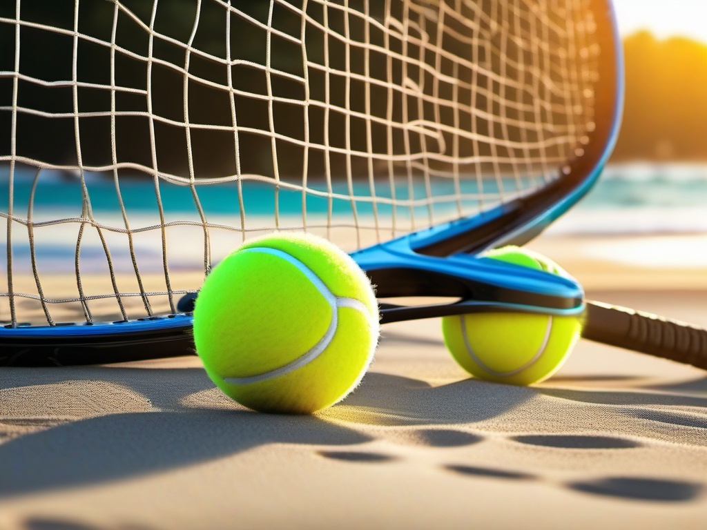 Beachside beach tennis and racquets close shot perspective view, photo realistic background, hyper detail, high resolution