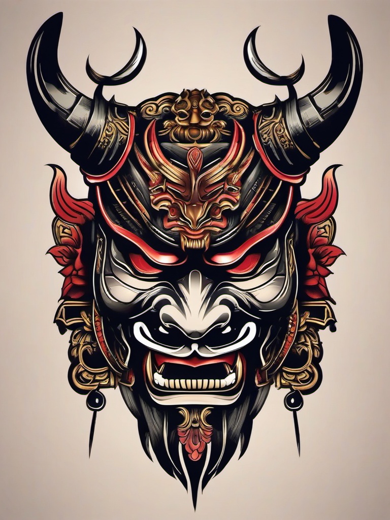 Samurai Demon Mask Tattoo-Bold and artistic tattoo featuring a samurai mask combined with a demon, capturing traditional and fierce aesthetics.  simple color vector tattoo