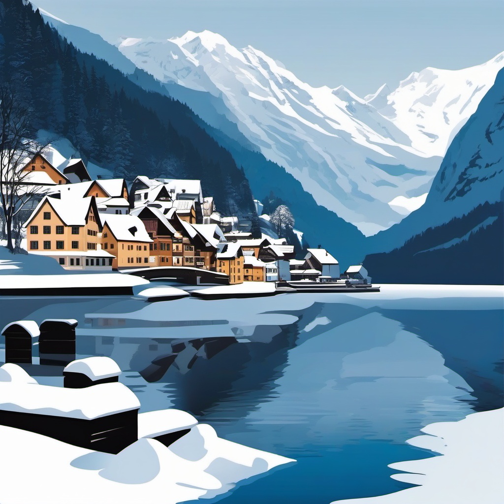 Hallstatt Winter sticker- Snow-covered Austrian village by a pristine lake, , sticker vector art, minimalist design