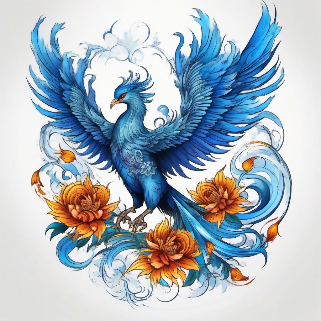 blue fire phoenix with flower
  ,tattoo design, white background