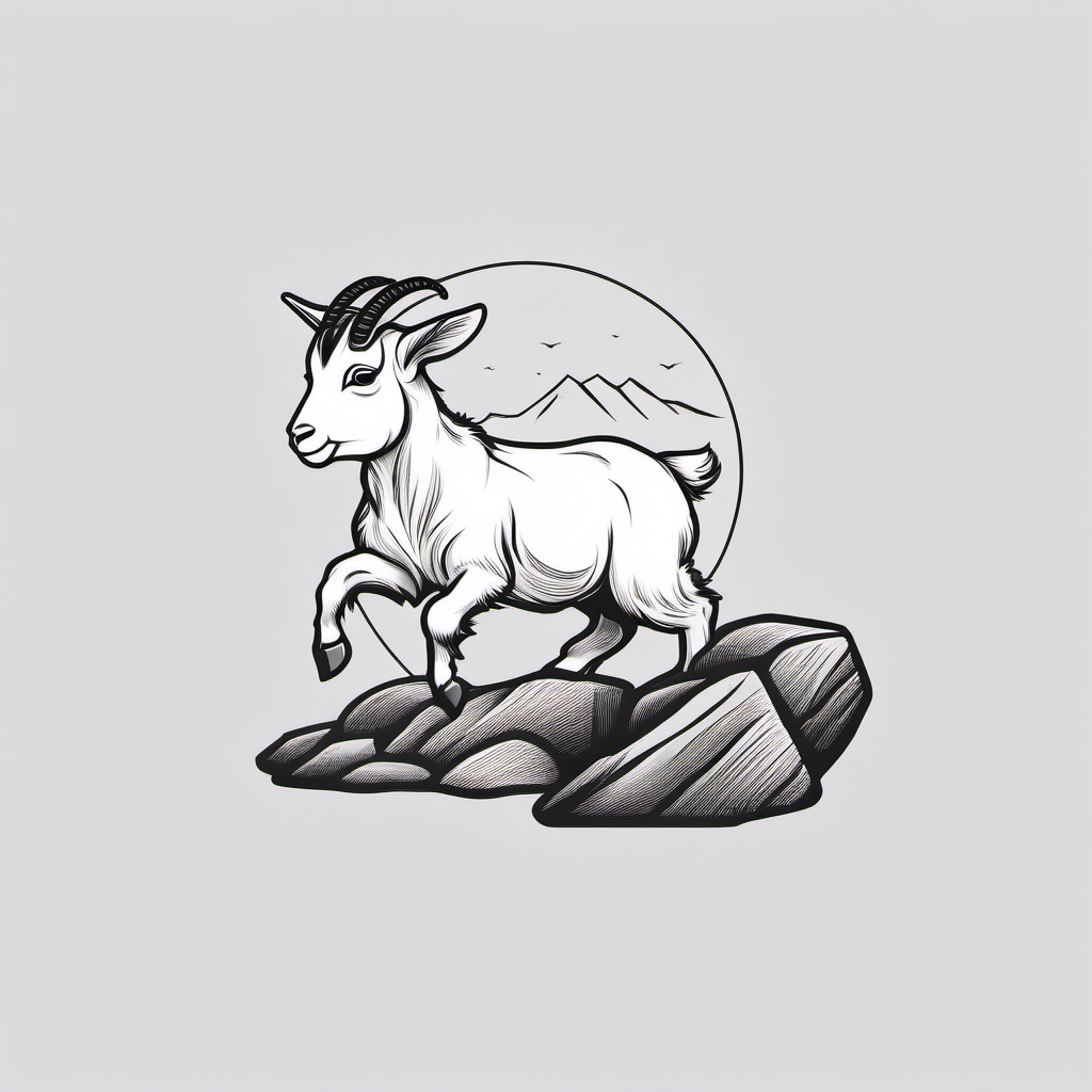 Pygmy Goat Tattoo - Playful pygmy goat jumping on rocks  few color tattoo design, simple line art, design clean white background