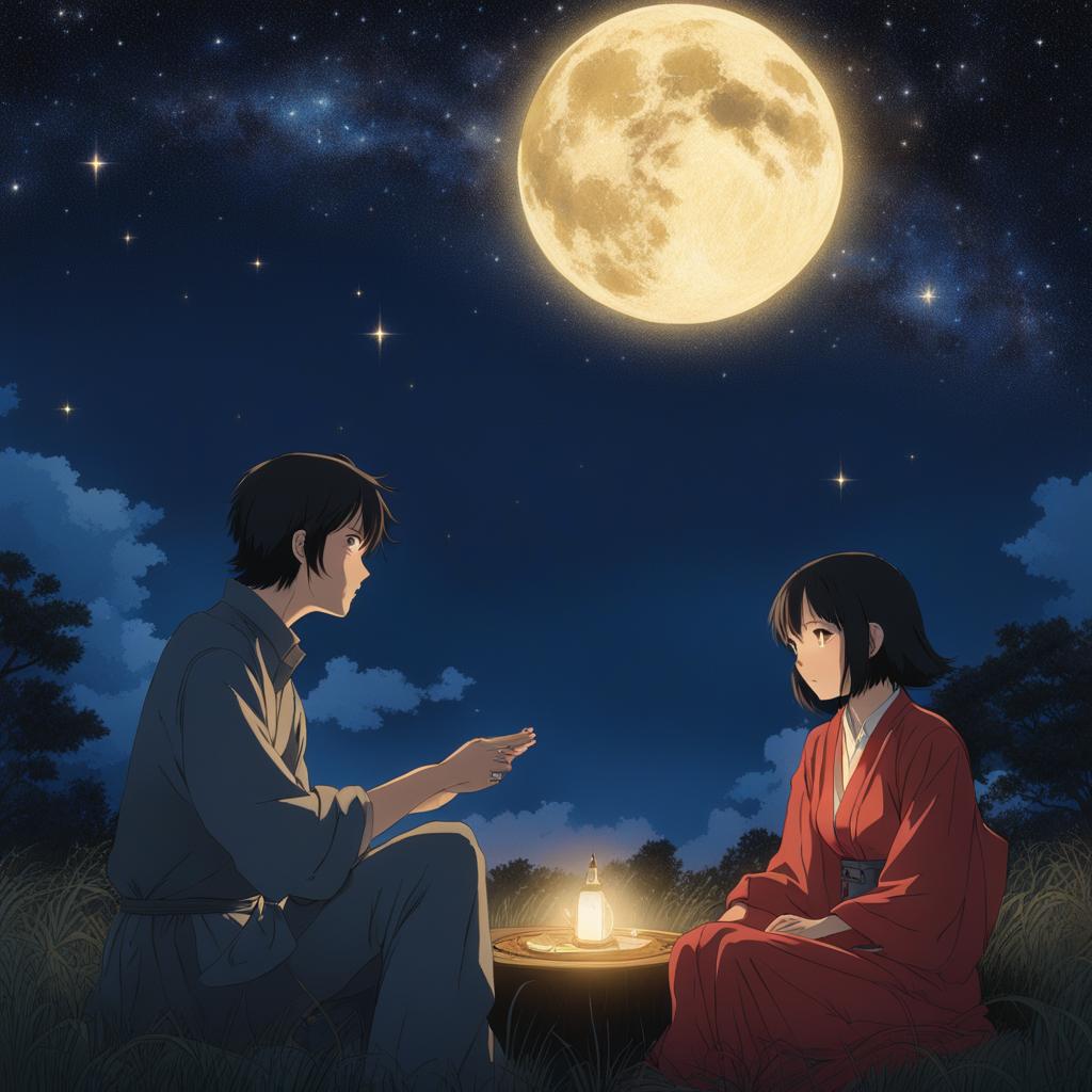 koyomi araragi engages in a conversation with supernatural beings under a starry night sky. 